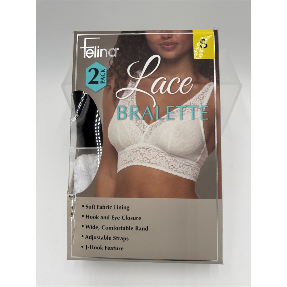 Felina Women's 2-Pack Lace Bralette, White & Black, Size Small Brand New